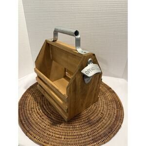 Wooden 6 Pack Holder Caddy Crate Bar Beer Can Metal Handle Bottle Cap Opener